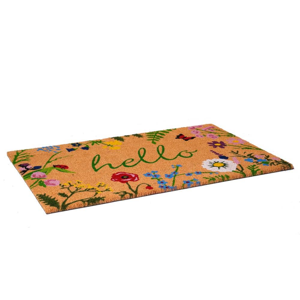 Floral Hello Coir Rectangular Outdoor Doormat, 24" x 36"