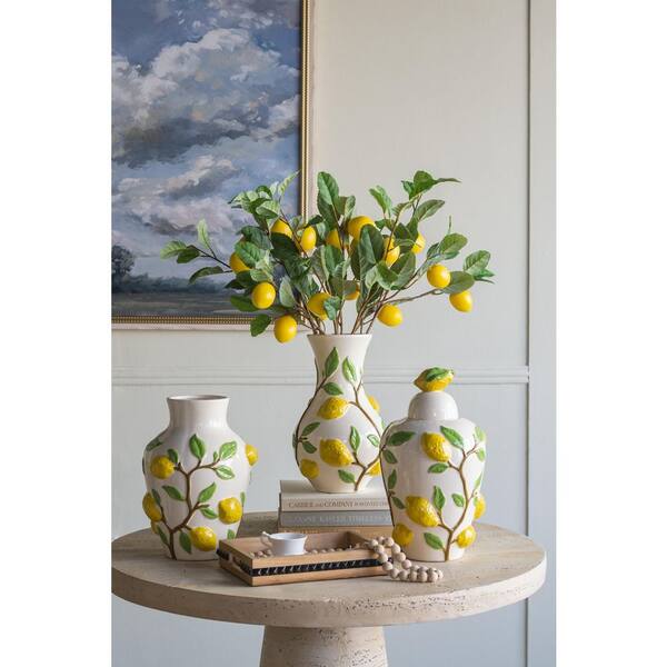 12.5 in White Ceramic Lidded Jar Vase with Vibrant Yellow Lemon