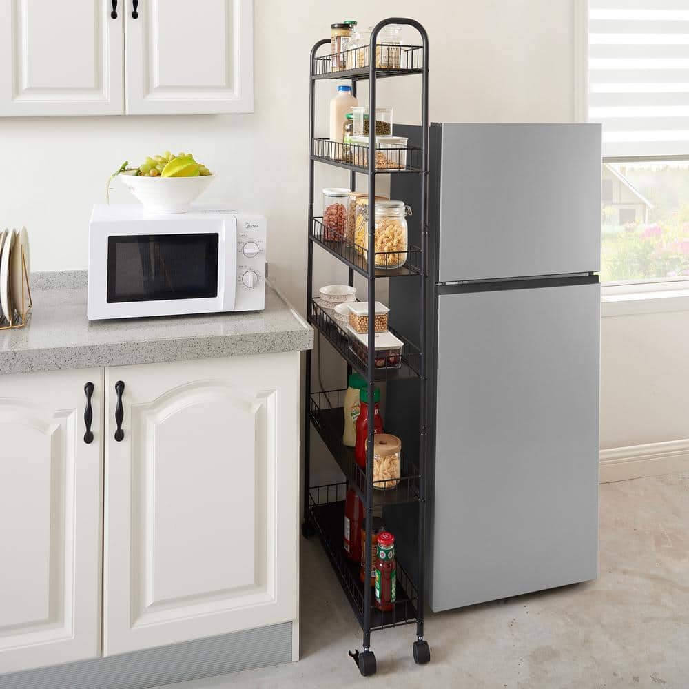 Black Metal 6-Tier Slim Rolling Storage Cart with Wheels