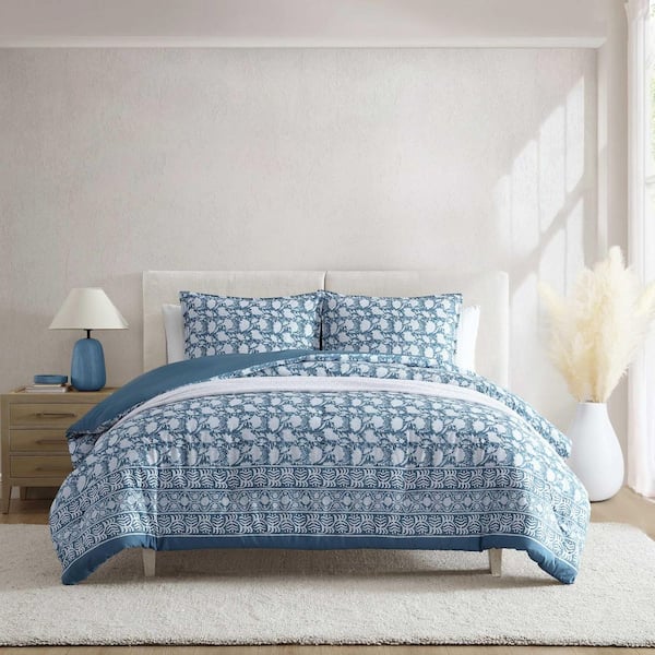 Bayport Floral 3-Piece Dark Blue Cotton Full/Queen Comforter Set