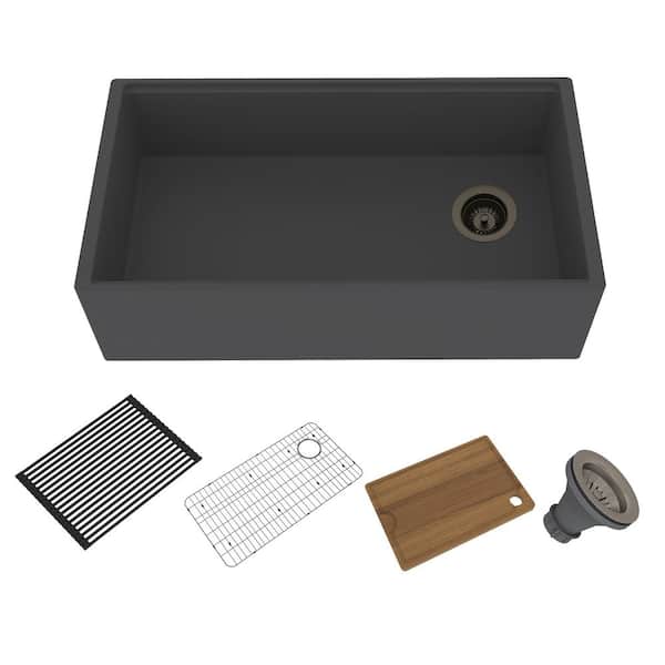 Kahomvis 33 in. Farmhouse/Apron-Front Single Bowl Black Cement Concrete Kitchen Sink with Drain Grid, Drain, Board, Roll-Up Rack