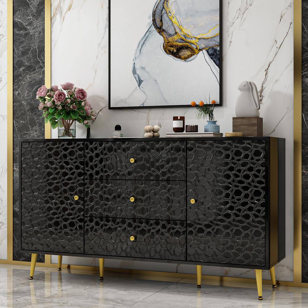 FUFU&GAGA Black Polished Cellular Surface Wooden 55.1 in. W Sideboards ...