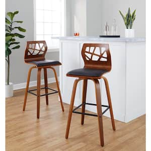 Folia 28.75 in. Black Faux Leather, Walnut Wood, and Black Metal Fixed-Height Bar Stool (Set of 2)