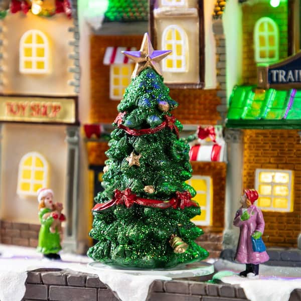 Glitzhome 9.00 in. Lighted Train Station Resin Christmas