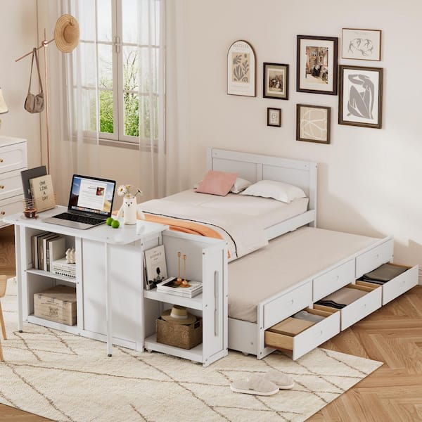 Harper & Bright Designs White Twin Size Multifunctional Platform Bed with Trundle, 3 Drawers, Desk and Storage Shelf