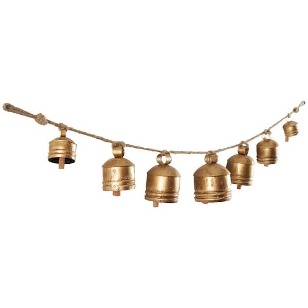 Litton Lane Gold Metal Tibetan Inspired String Hanging Cylindrical Decorative Cow Bells with 6 Bells on Jute Hanging Rope