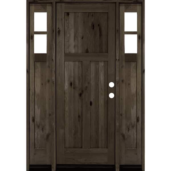 Krosswood Doors 64 in. x 96 in. Knotty Alder 3 Panel Left-Hand/Inswing Clear Glass Black Stain Wood Prehung Front Door with Sidelites