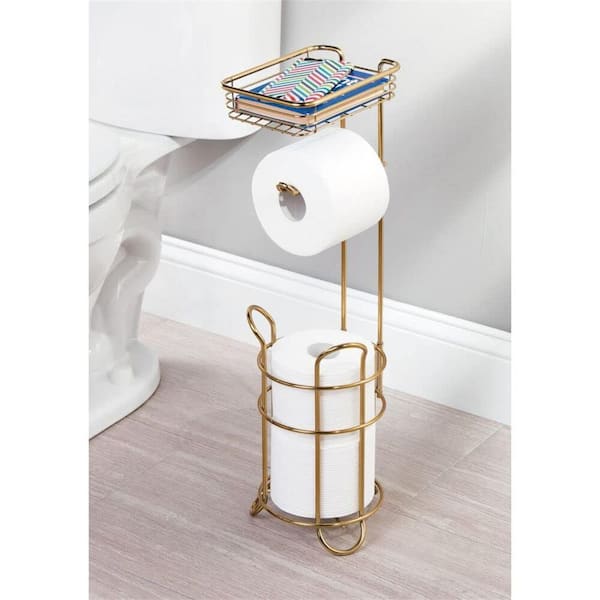 mDesign Metal Free Standing Toilet Paper Stand/Dispenser, Holds Tablet -  Black