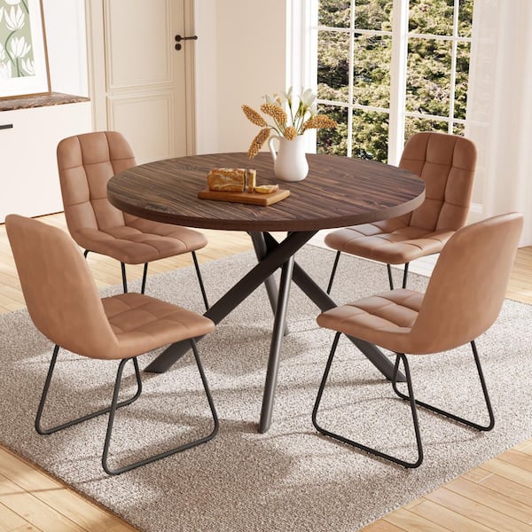 5-Piece Brown Chairs and Walnut Round Dining Table, Dining Table Set with 4 PU Chairs