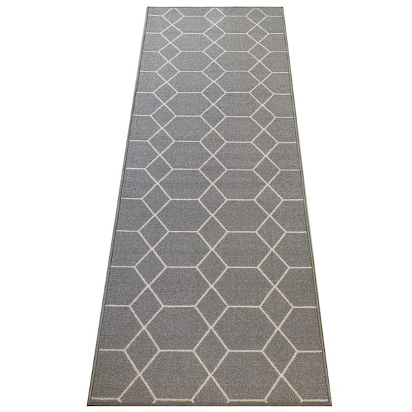 PLAYA RUG Hexagon Trellis Gray Color 31 in. Width x Your Choice Length Custom Size Roll Runner Rug/Stair Runner