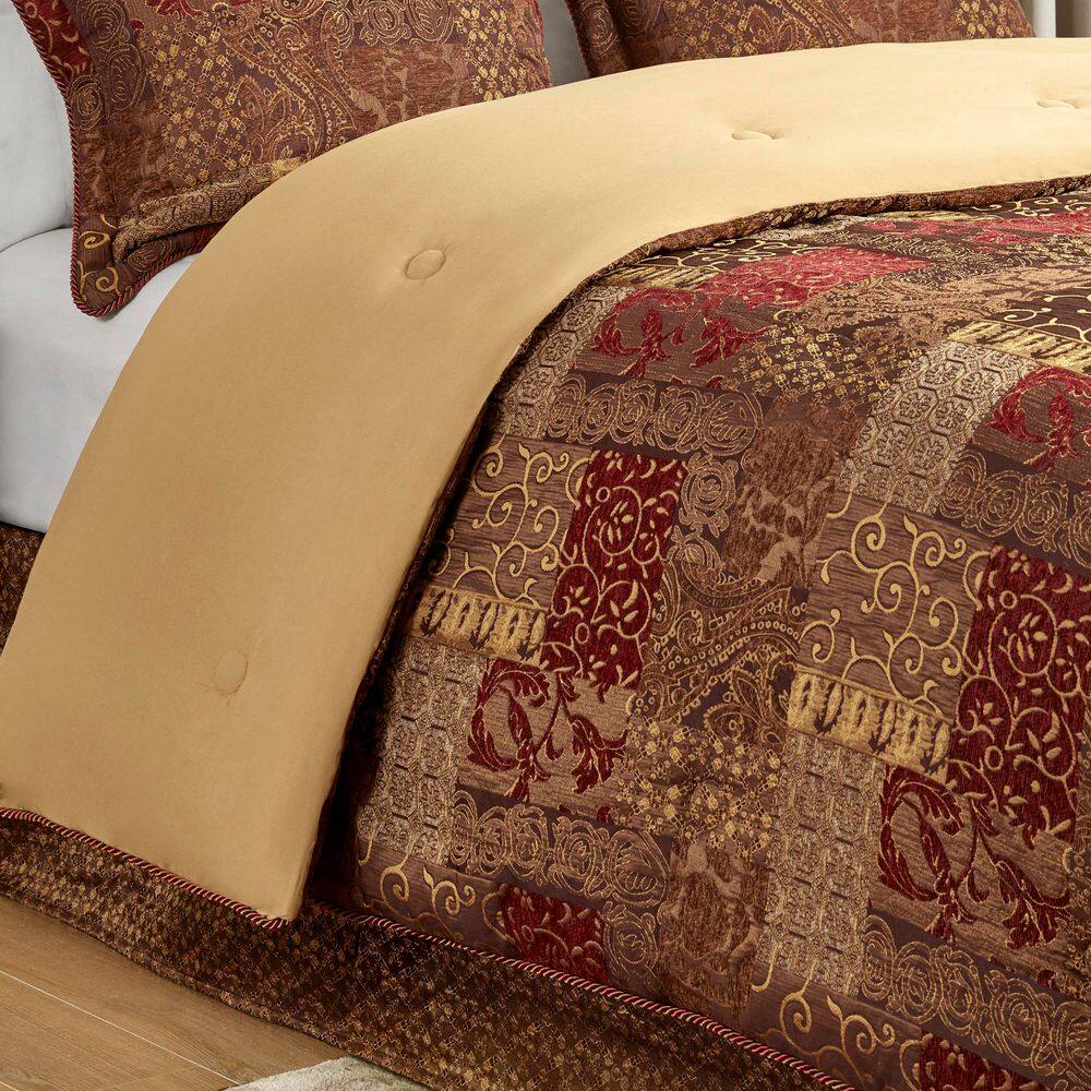 Queen Red Microfiber Patchwork Comforter Set with Shams and Bed Skirt
