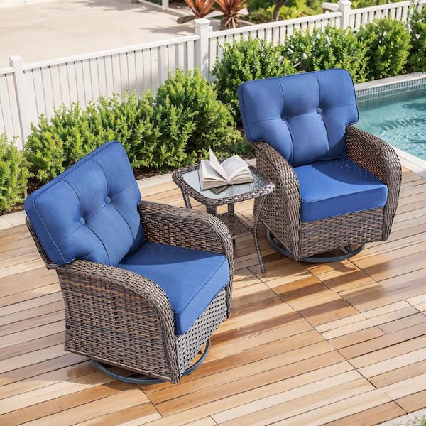 Brynn 3-Piece Brown Swivel Glider Wicker Outdoor Rocking Chair with Blue Cushions and Side Table