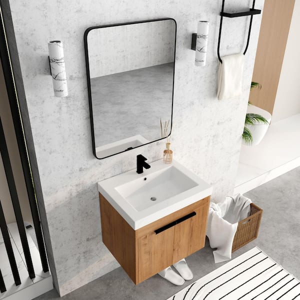 24 in. W x 18. in D. x 21 in. H Bathroom Vanity in Brown with Glossy White Resin Basin