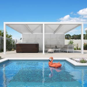 12 ft. x 20 ft. White Aluminum Louvered Pergola with 4 Adjustable Rainproof Roofs and 1-Long Side Fixed Shutter Wall