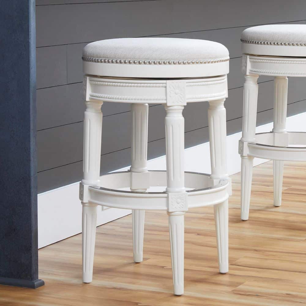 Chapman 31 in. Farmhouse White Backless Wood Swivel Bar Stool with Upholste