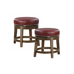 Paran 19 in. Brown Wood Round Swivel Stool with Red Faux Leather Seat (Set of 2)