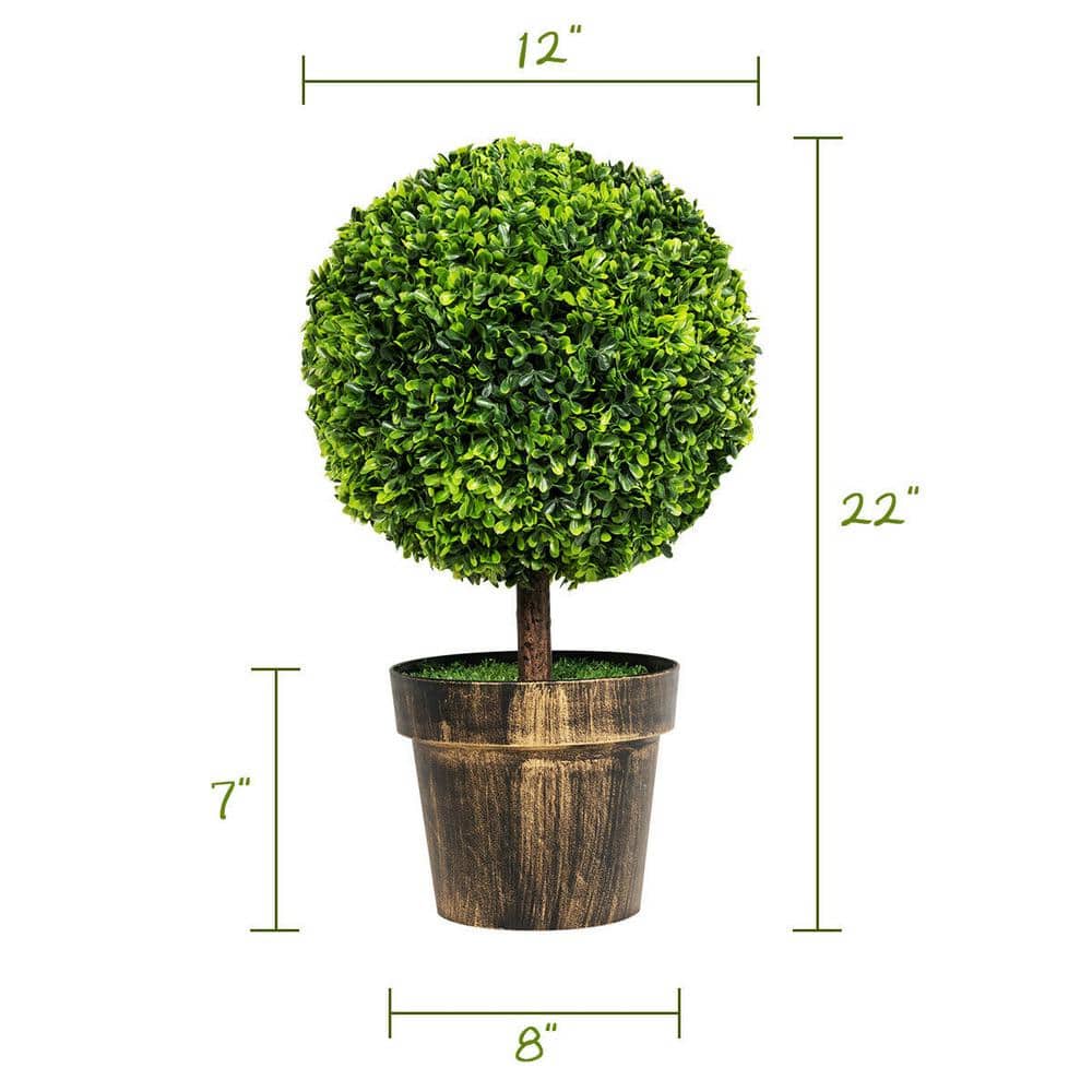 22" Green Artificial Boxwood Topiary Trees in Bronze Cement Pots, Set of 2