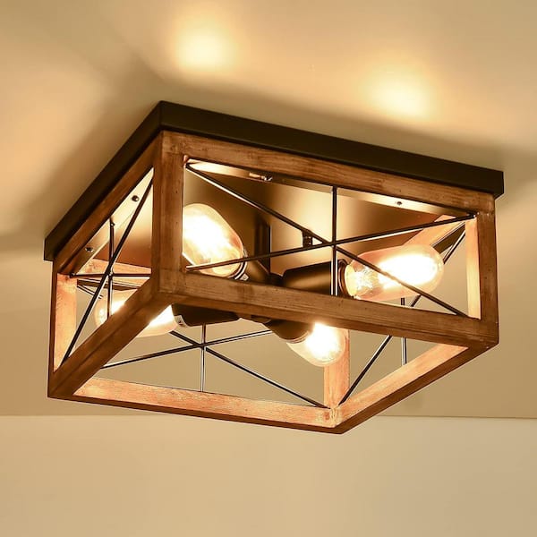 12.6 in, W 4-Light Wooden Flush Mount Ceiling Lights for Kitchen Island Hallway Entryway, E26, No Bulbs Included
