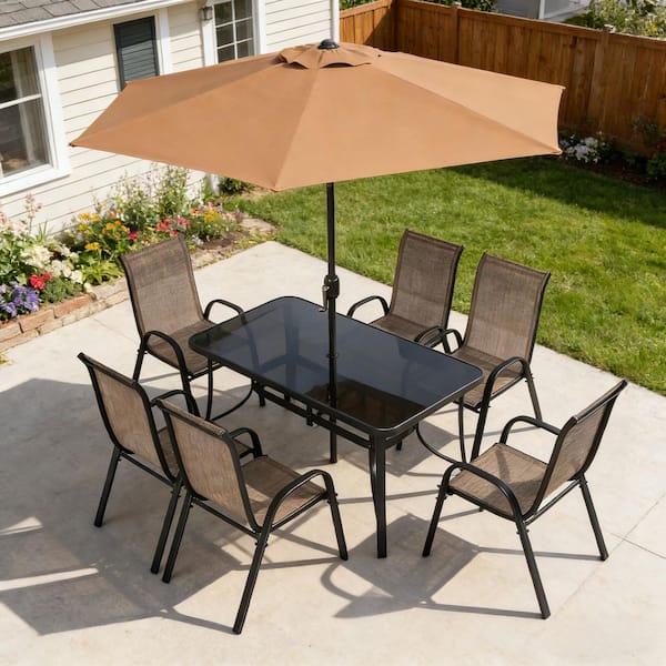 brown patio table 6 seater with umbrella SERWALL 7 Pcs Outdoor Dining Set, 1 Hole & Chairs, ergonomic high Walsunny 6 Piece Patio Furniture