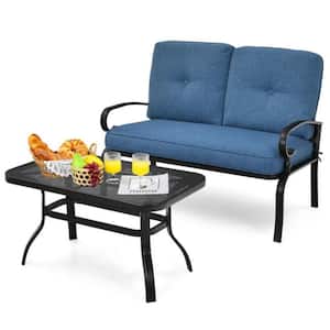 2-Piece Metal Patio Conversation Set Loveseat Bench Table Furniture Set with Blue Cushioned Chair