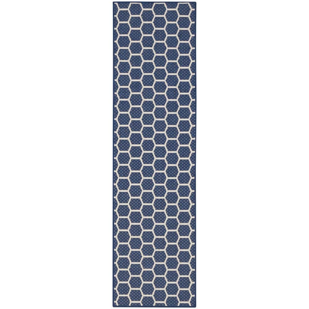 Navy and White Geometric Flat Woven Reversible Runner Rug