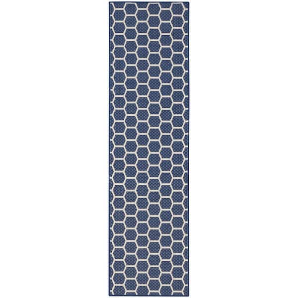 Nourison Reversible Indoor Outdoor Navy 2 ft. x 8 ft. Honeycomb Contemporary Runner Area Rug