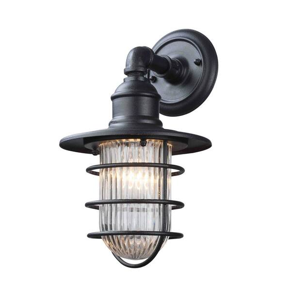 Fifth and Main Lighting Freeport 1-Light Antique Iron Outdoor Wall Lantern Sconce with Clear Ribbed Glass
