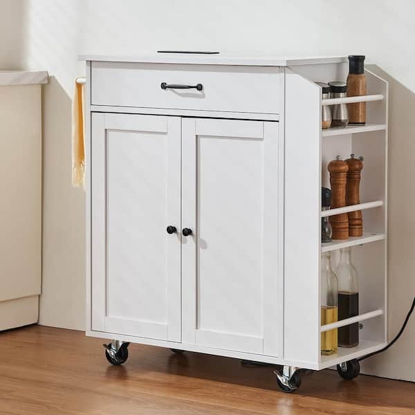Natural Wood Kitchen Island Cart Rolling Storage Cabinet on Wheel, White Kitchen Cart with Drawer and Shelves