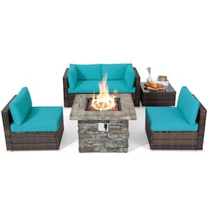 6 -Piece Wicker Patio Conversation Set 34.5 in. Fire Pit Table with Cover Turquoise Cushions