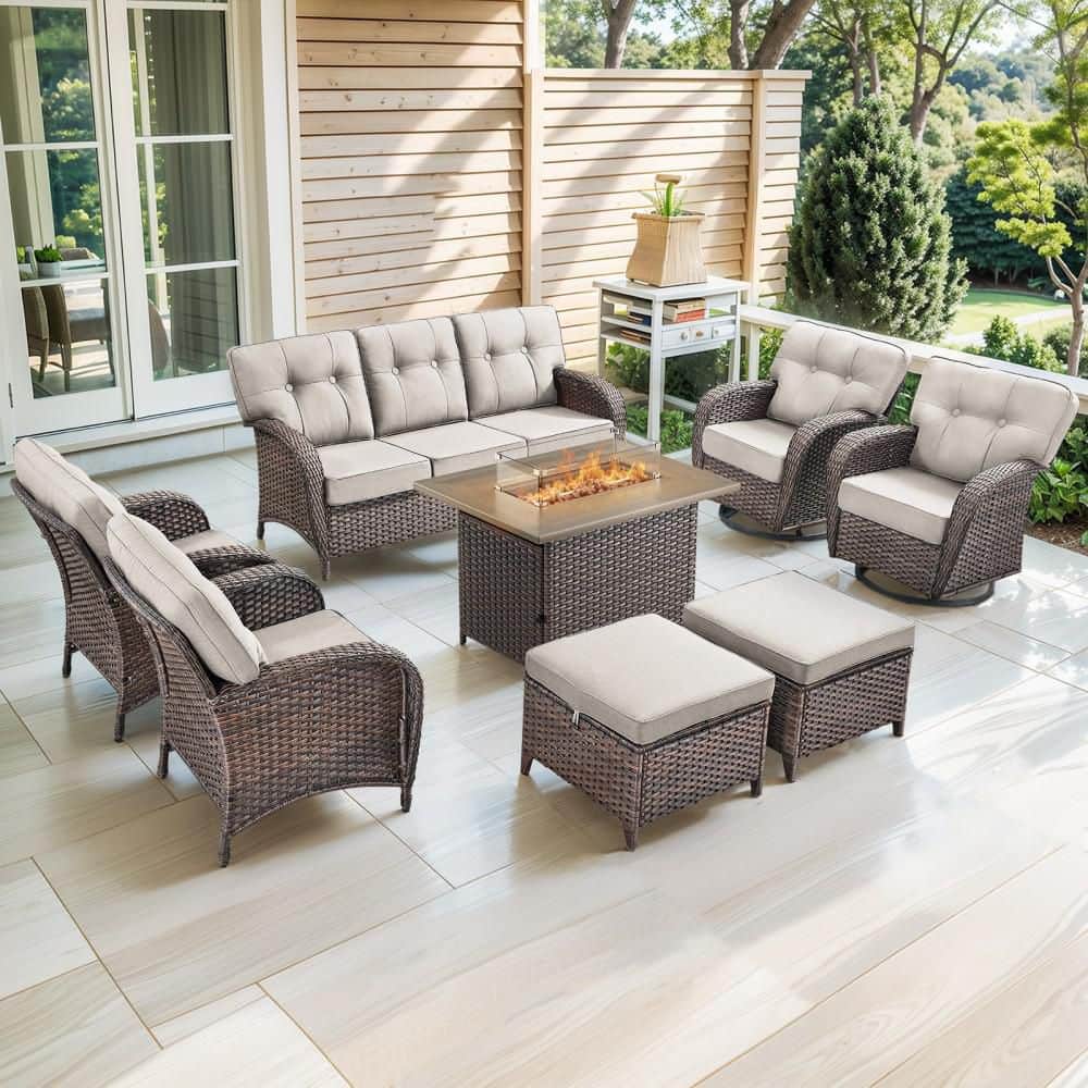 Brynn 8-Piece Brown Wicker Outdoor Patio Rectangular Fire Pit Conversation Set with Glider Chairs with Beige Cushions price history on PriceWatchPro