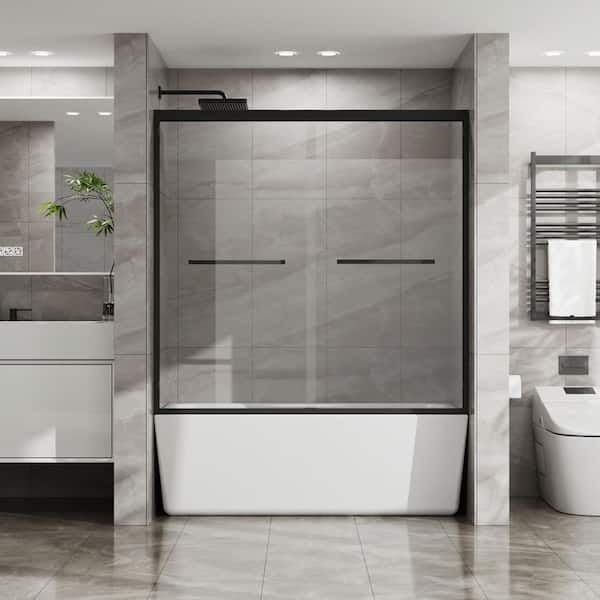 60 in. W x 58 in. H Sliding Tub Door in Black with Clear Glass
