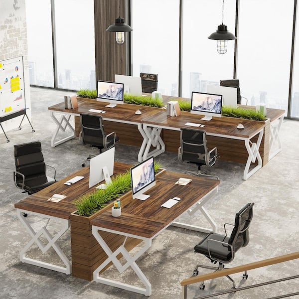 Capen 63" Rectangle Brown White Wood Computer Desk Industrial Farmhouse Office Workstation Simple Modern Thickened Metal