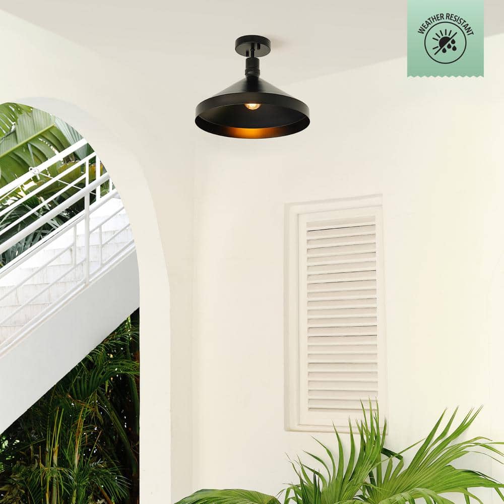 Matte Black Metal 15'' Outdoor Flush Mount Ceiling Light