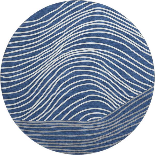 Mayfield Premium Machine Washable Abstract AMF2350 Navy 8 ft. x 8 ft. Round Rug