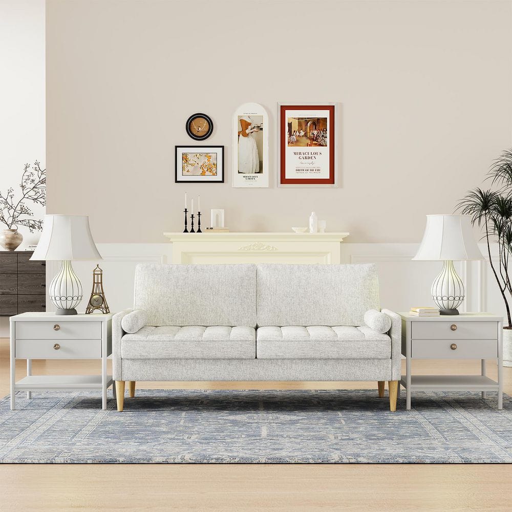 65.75 in. Rolled Arm Cotton Rectangle 3-Seater Sofa Couch in Beige, Modern 