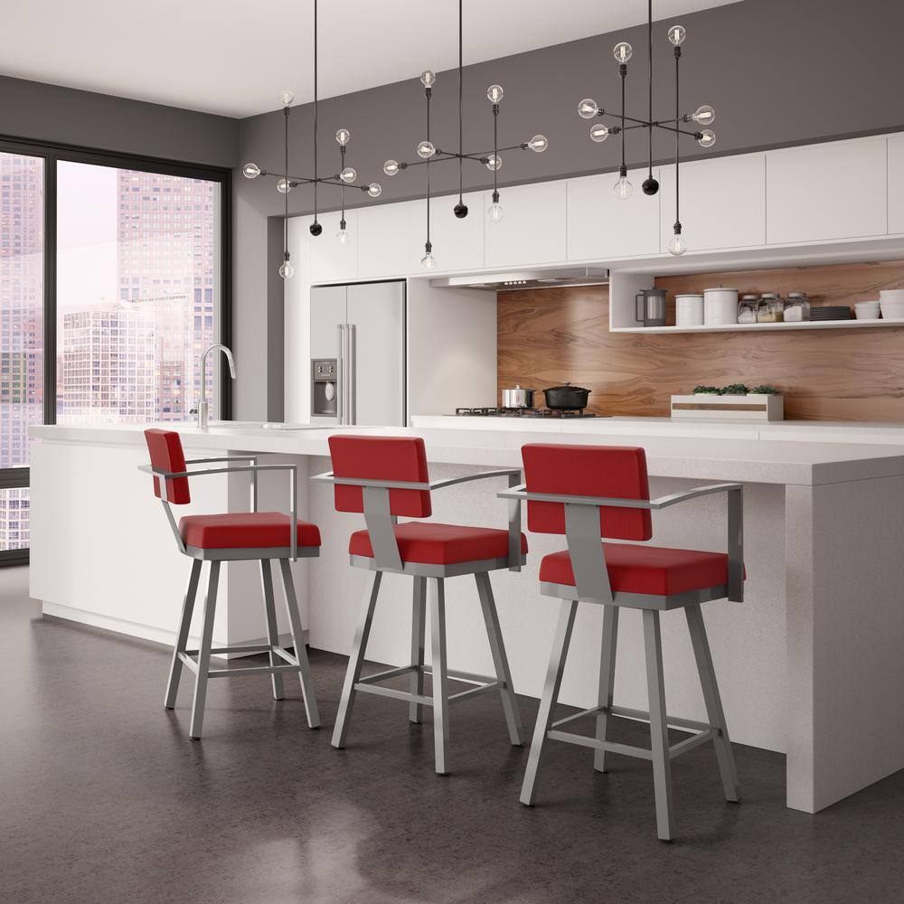 Akers 26" Swivel Counter Stool in Red Polyester & Metallic Grey