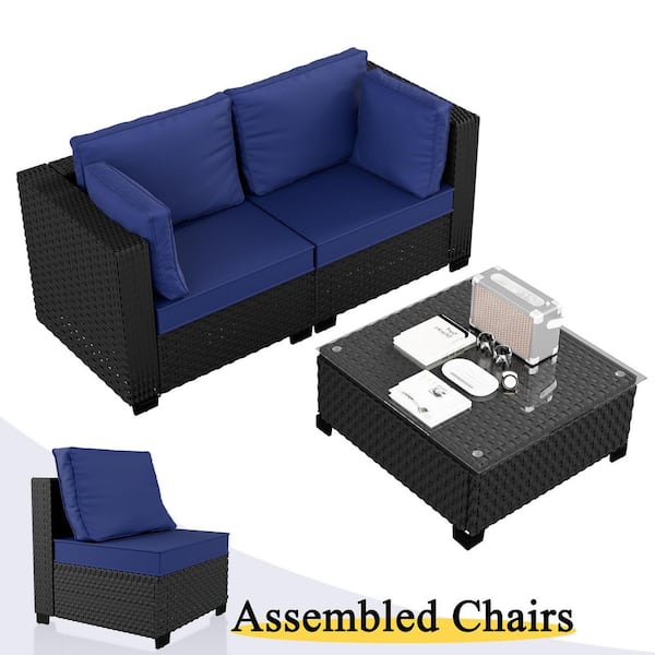 3-Piece Wicker Rattan Outdoor Patio Conversation Sectional Seating Set with Coffee Tables, Blue Cushion (2-Seats)