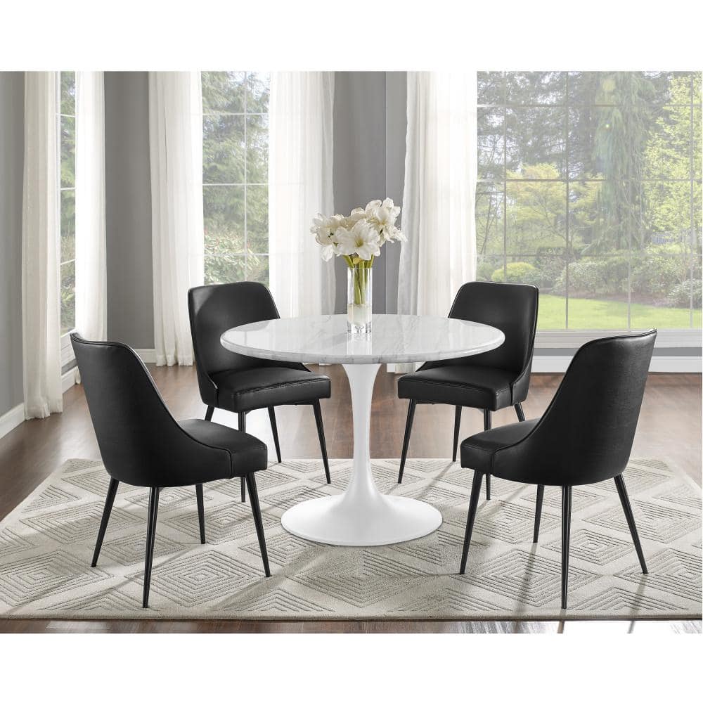 White Marquina Marble Round Dining Table with Metal Base