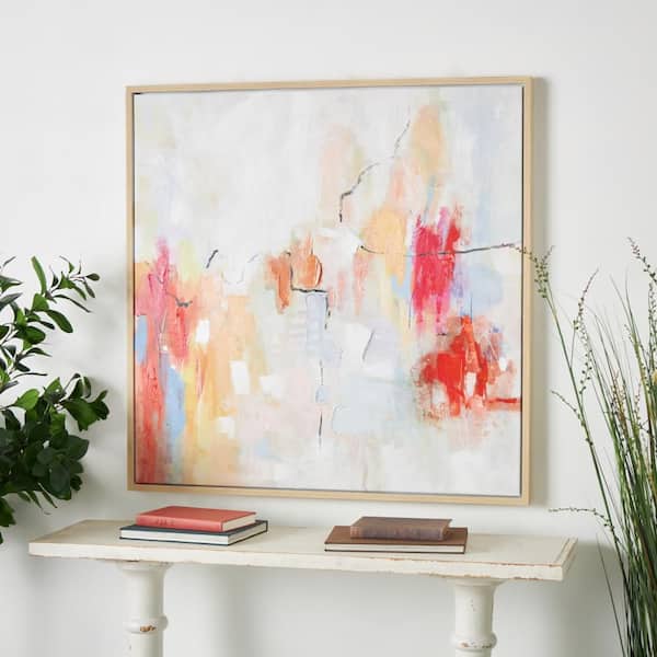 1-Panel Abstract Watercolor Blotch Framed Wall Art Print with Light Brown Frame 40 in. x 40 in.