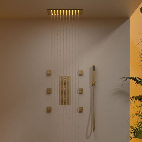 Full Spectrum LED 12 in. Triple Handle 5-Spray Ceiling Mount Shower Faucet 2.5 GPM with Body Spray in Brushed Gold