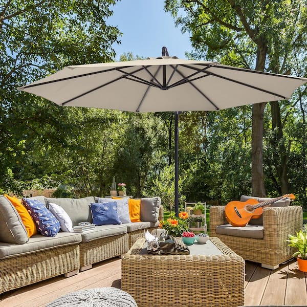 SANLUCE 10 ft. Cantilever Patio Umbrella With Easy Adjustment, Solution-Dyed Fabric, 8 Ribs for Backyard, Poolside in Beige