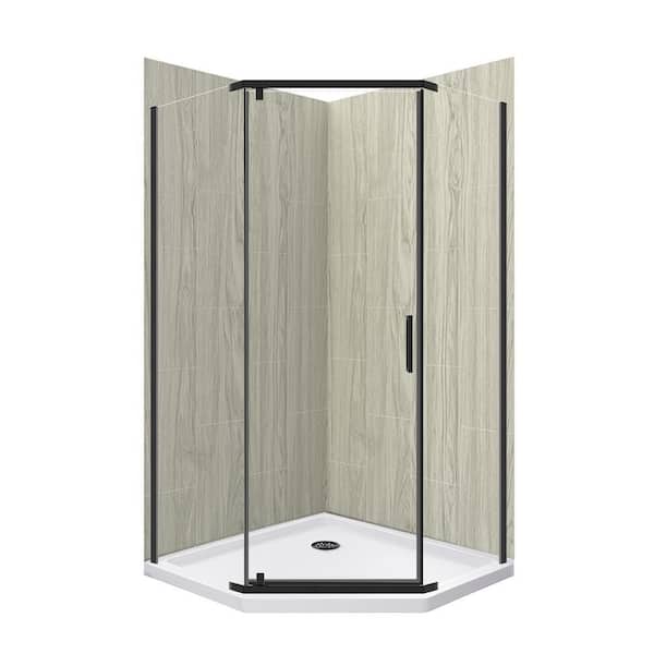 CRAFT + MAIN Cove 38 in. L x 38 in. W x 78 in. H 3-Piece Corner Drain Neo Angle Shower Stall Kit in Driftwood and Matte Black