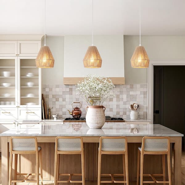 Madison 60-Watt 1 Light Brown Shaded Pendant Light with Rattan Shade, No Bulbs Included