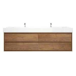 Saggie 84 in. W. x 20 in. D x 28 in. H Double Sink Floating Bath Vanity in Teak Oak with White Acrylic Top