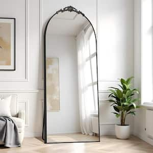 71 in.H x 31.5 in.W Modern Arched Removable Carved Flower Metal Framed Black Full-Length Floor Oversized Mirror