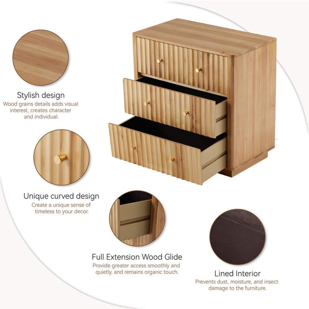Natural Pine 3-Drawer Farmhouse Dresser with Vertical Wave Design