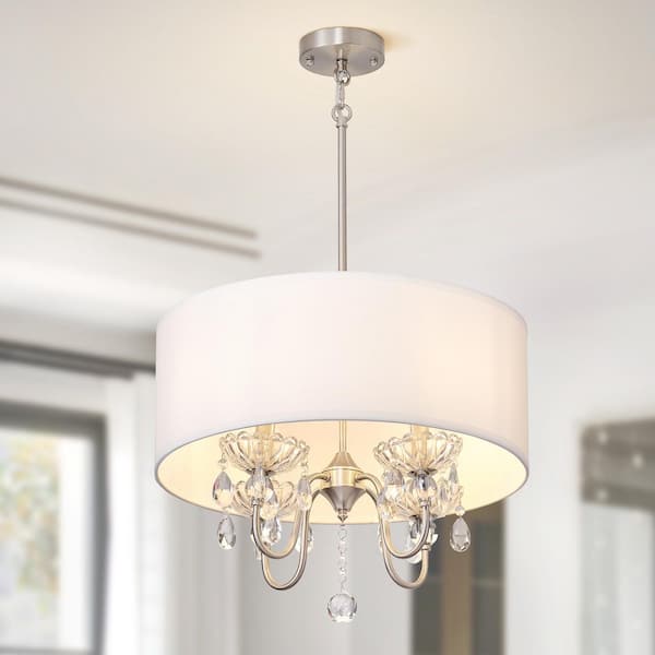 Kinlea 4 Light Brushed Nickel Modern Drum Chandelier with Fabric Shade and Elegant Crystal for Bedroom, Hallway, Foyer