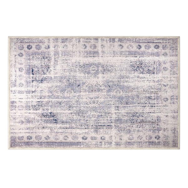 2 ft. x 3 ft. Blue Border Indoor Welcome Mat Rug for Entryway, Machine Washable, Non-Slip, Vintage Rug w/ Rubber Backing