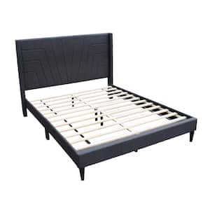 Nny Charcoal Black Wood Frame Queen Size Platform Bed with Tufted Headboard and Burlap Upholstery