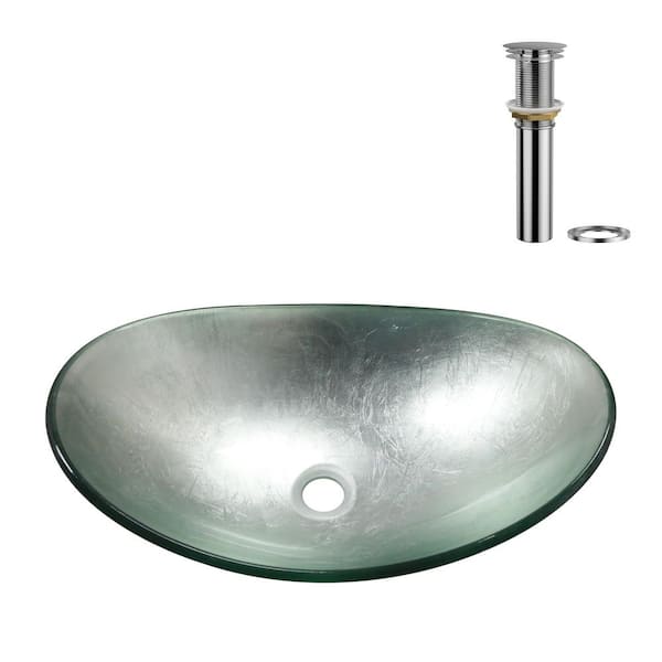 21-1/2 in. Sliver Glass Oval Vessel Bathroom Sink with Black Pop-up Drain